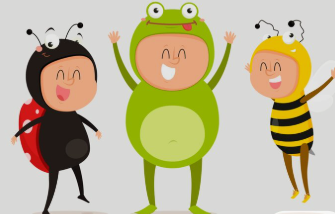 Three children in colorful bug costumes cheer joyfully.