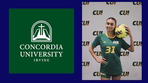 Alt text: "Split image of Concordia University Irvine logo on the left and a soccer player holding a ball on the right, wearing a green jersey with number 31, smiling against a branded backdrop."