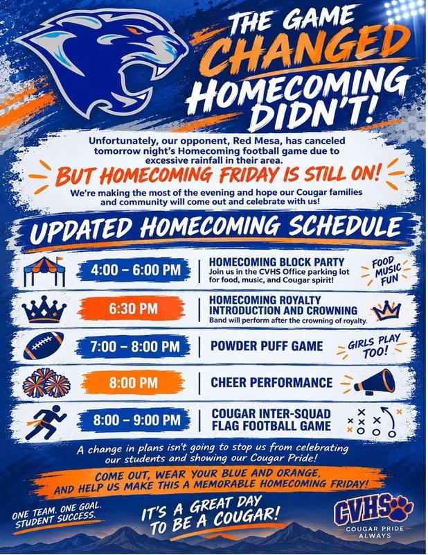 Flyer announcing all events and times as in text with cougar logo
