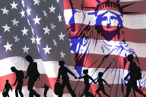 An illustration depicting immigrant families against an American flag background