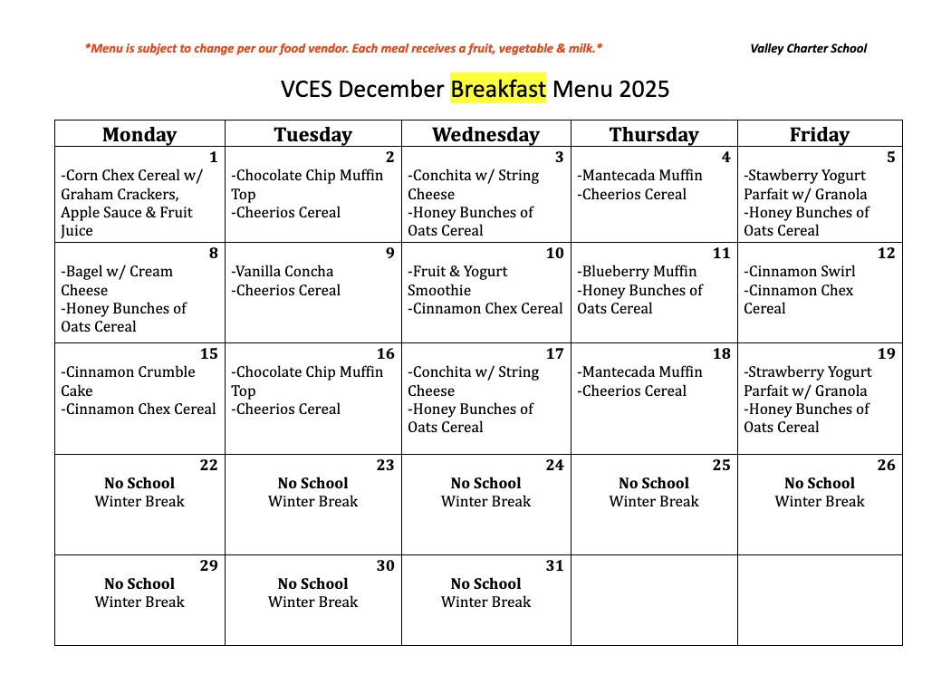 valley charter elementary school monthly breakfast menu