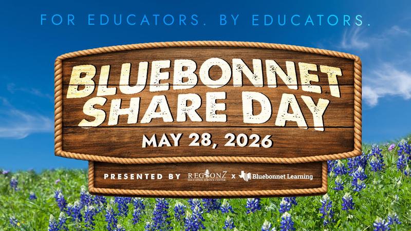 Bluebonnet Share Day May 28, 2026 banner with bluebonnet field and wooden sign