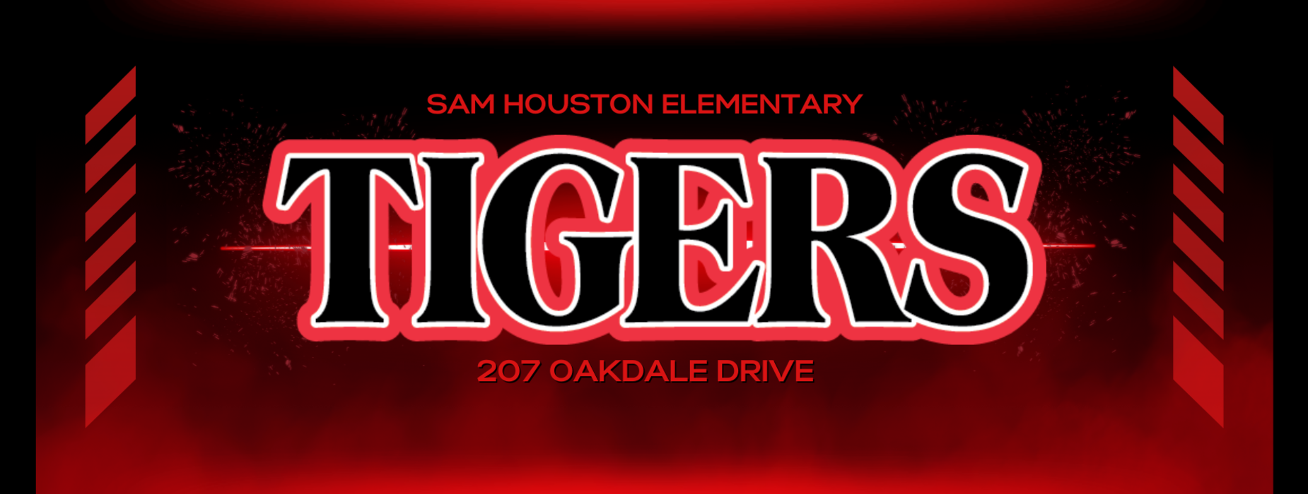 Sam Houston Elementary with address and tiger logo.