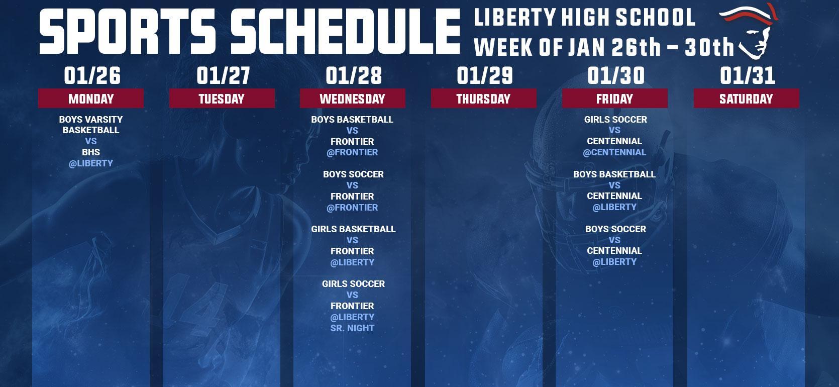 Weekly sports schedule for Liberty High School with dates and events listed.
