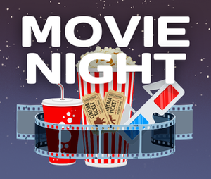 White Movie Night Text in front of a collection of movie-themed icons