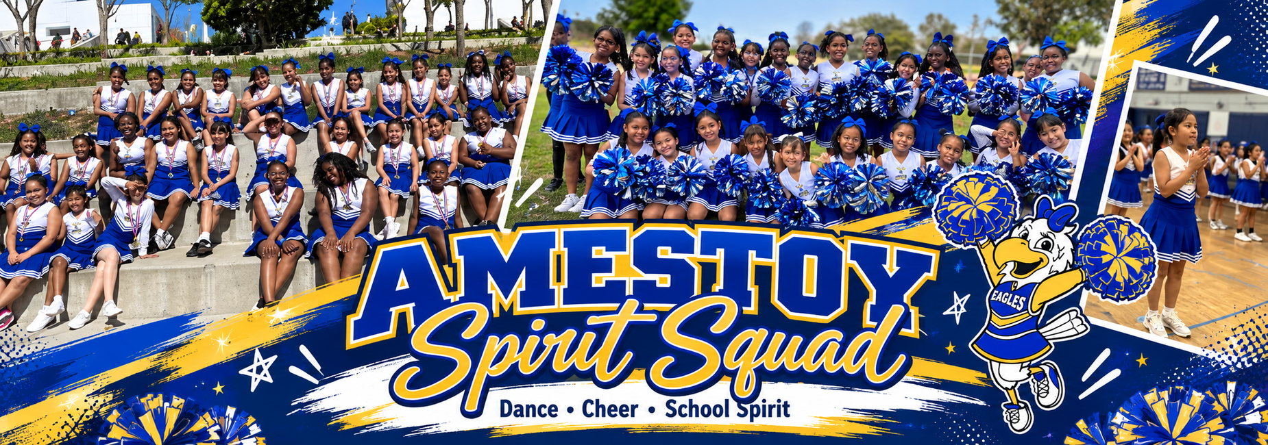 Amestoy Spirit Squad members pose with pom-poms and perform in blue and white uniforms.