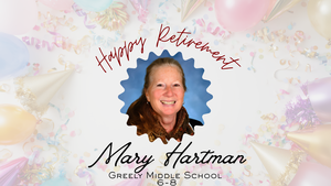 Celebratory retirement announcement with a smiling woman and festive decorations.