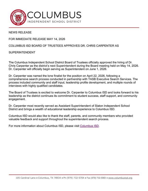 Columbus ISD Board Approves Dr. Chris Carpenter as Superintendent