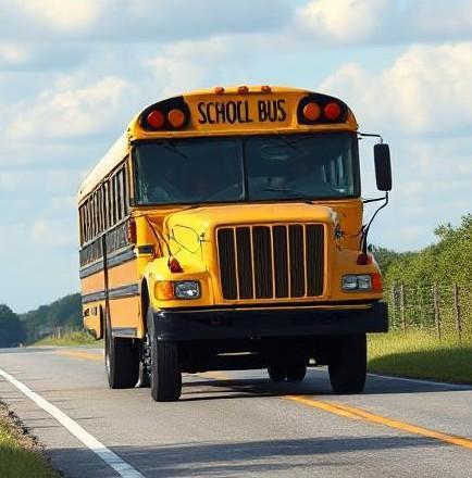 School bus driving down a country road.