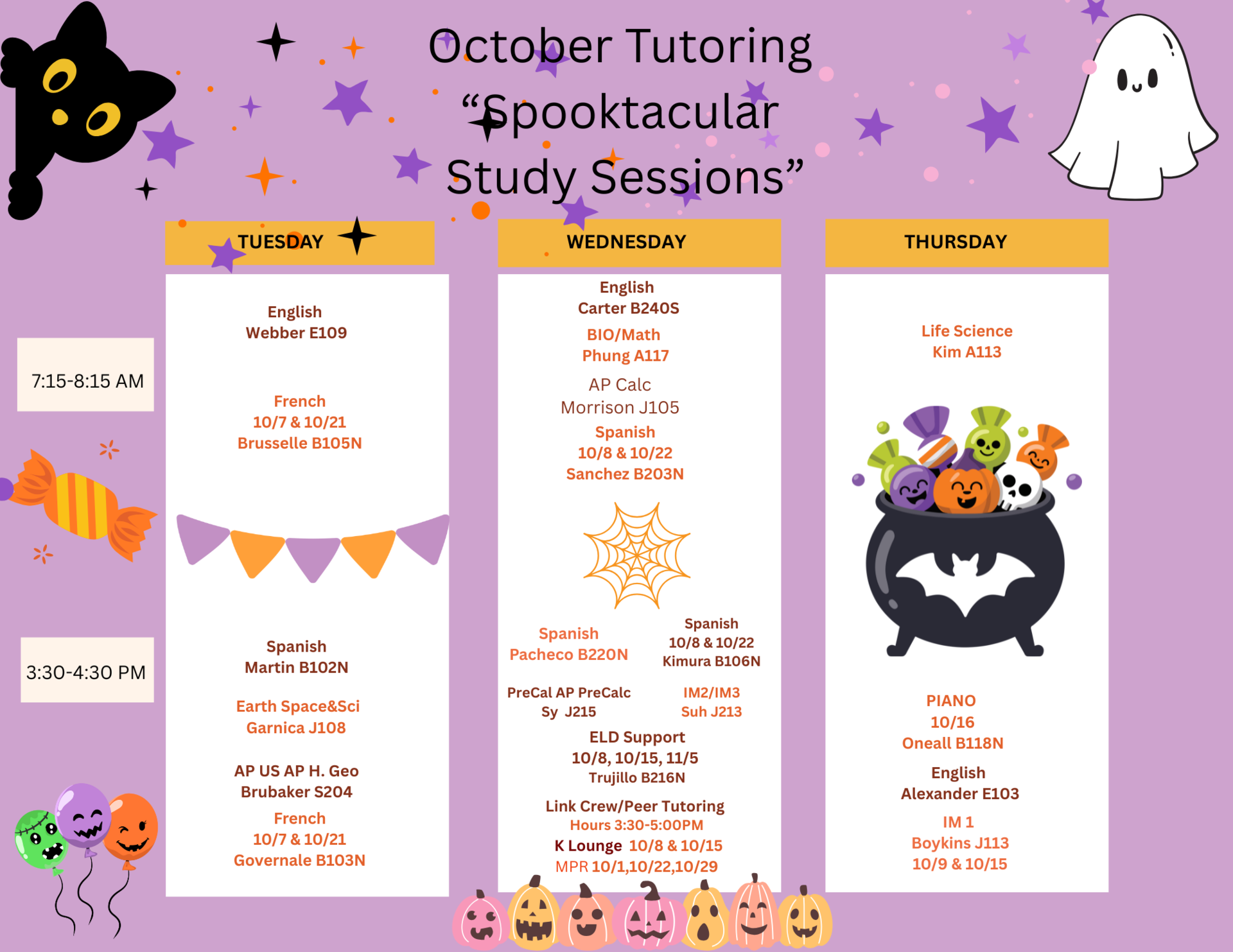October 2025 Tutoring Schedule
