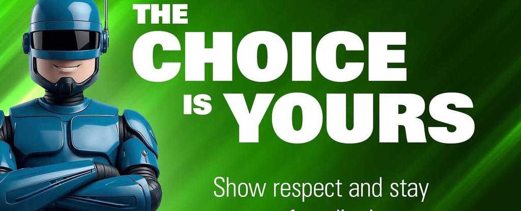 A blue robot character with a confident smile over a green background with text.