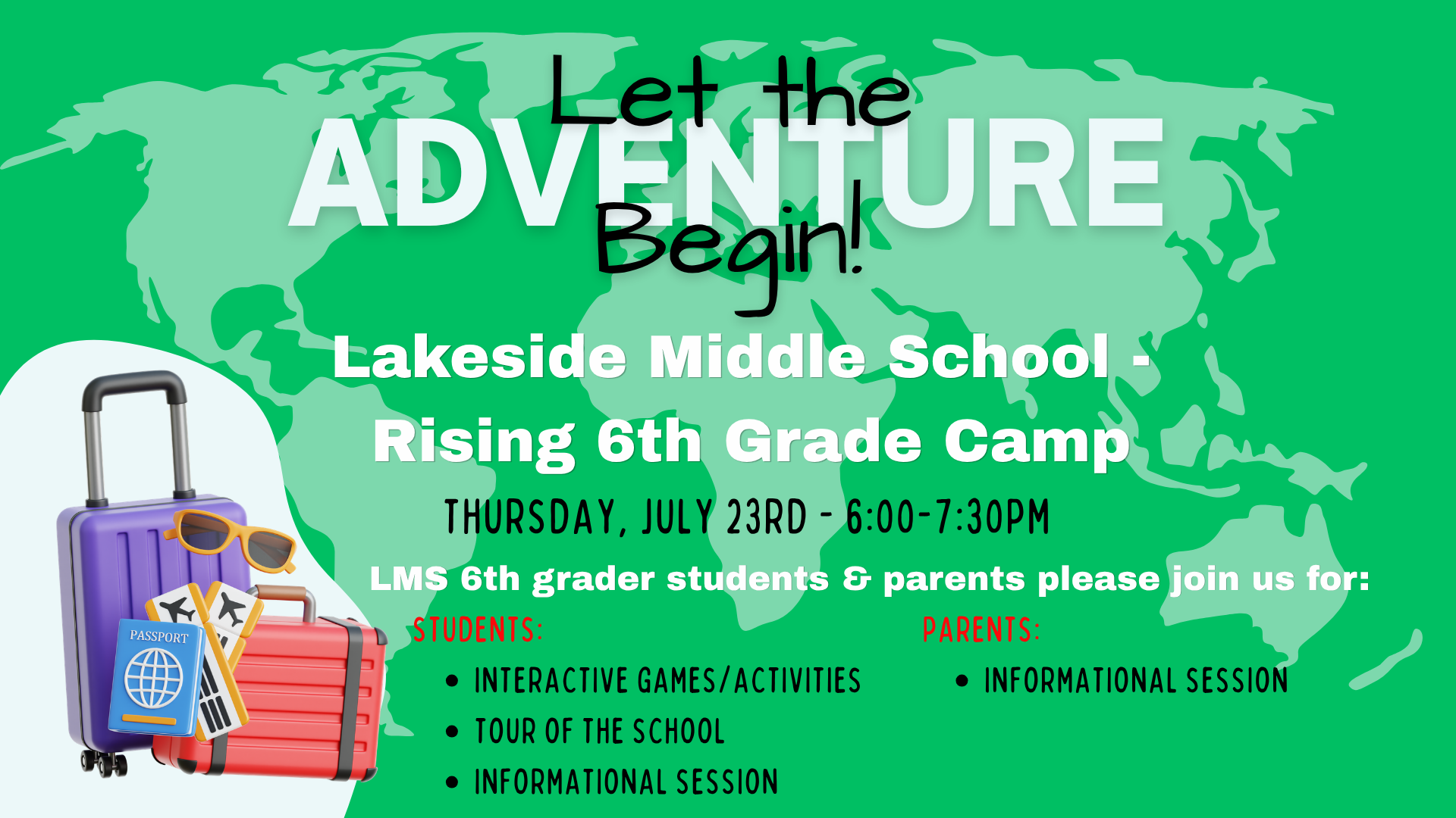 Colorful camp flyer with details about a rising 6th grade event at Lakeside Middle School.