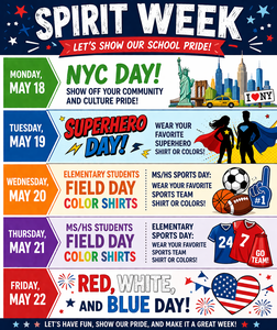 A graphic displays a school Spirit Week schedule with daily themes and dates from Monday, May 18 to Friday, May 22.