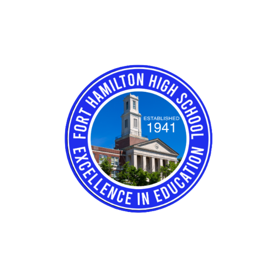 Fort Hamilton High School Logo Blue circle Fort Hamilton high school in white around the circle a photo of the school and the words established 1941