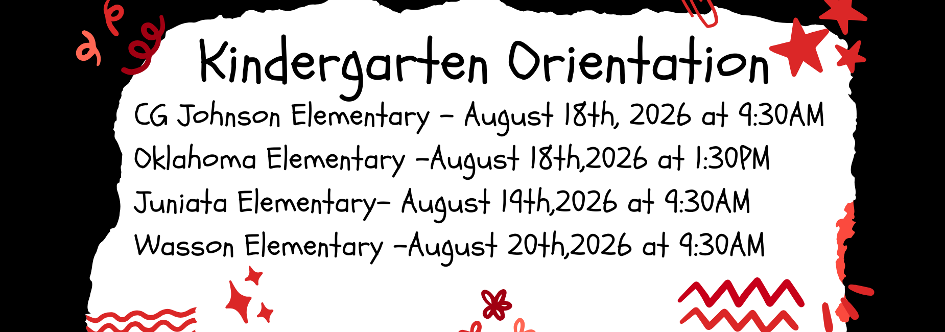 Announcement for kindergarten orientation with event details and decorative elements.
