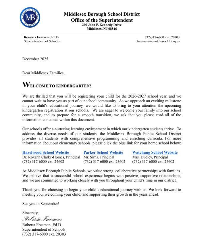 Kindergarten Welcome Letter