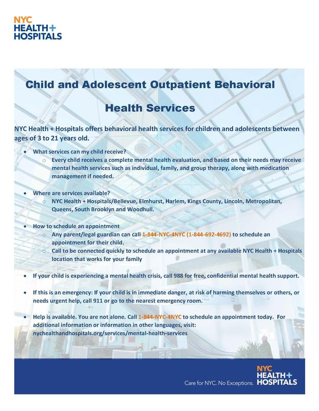 NYC Health+Hospitals child and adolescent outpatient behavioral health services.