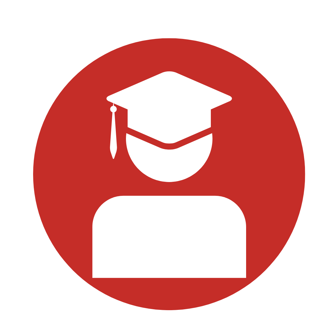 white student icon on red circular background