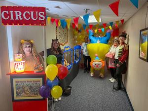 PEIMS and counseling staff pose in circus costumes