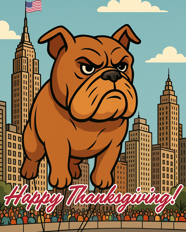 AI generated cartoon image of a boxer as a Thanksgiving parade balloon with New York skyline in background