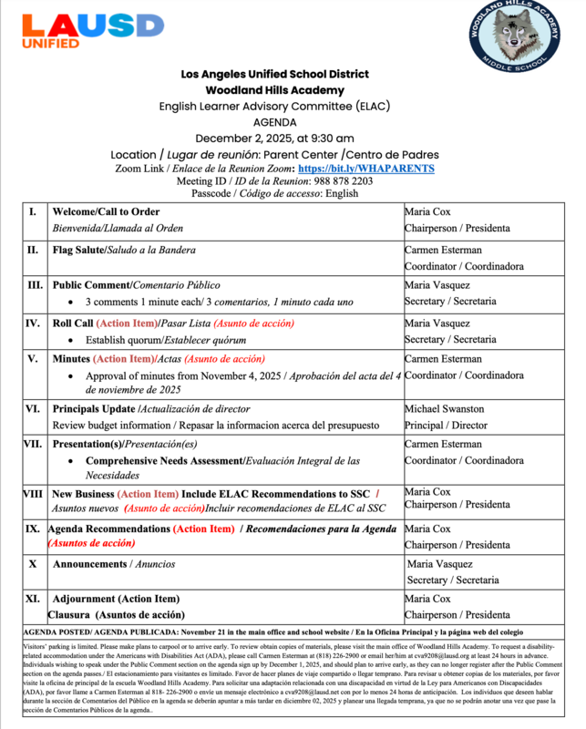 ELAC Agenda - Tuesday, December 2, 2025 - 9:30 AM Featured Photo