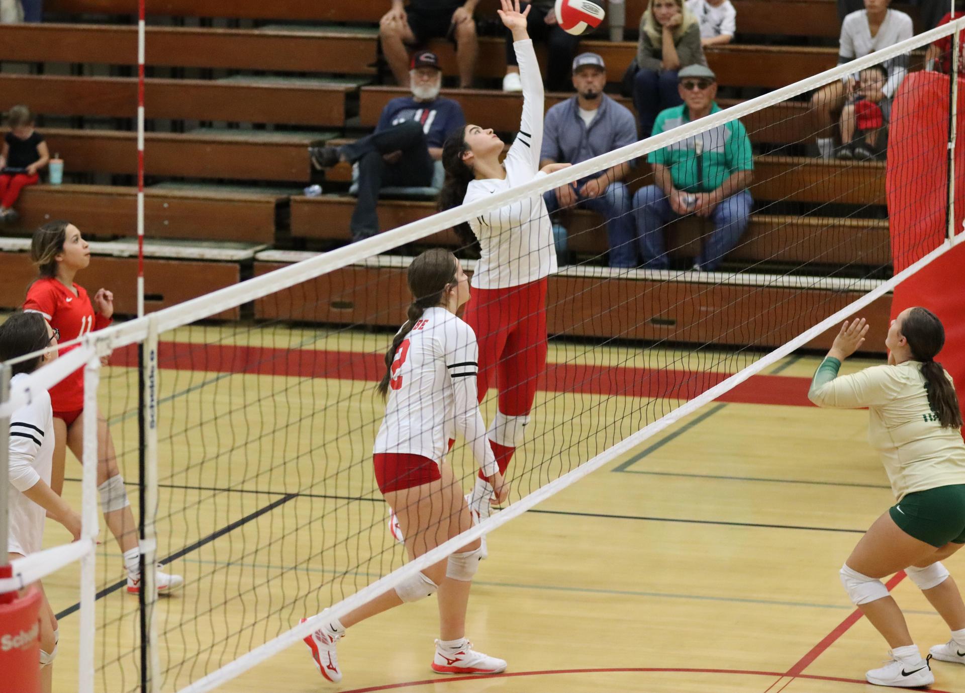varsity volleyball players in action against liberty