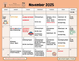 Parent November calendar with dates and times of events