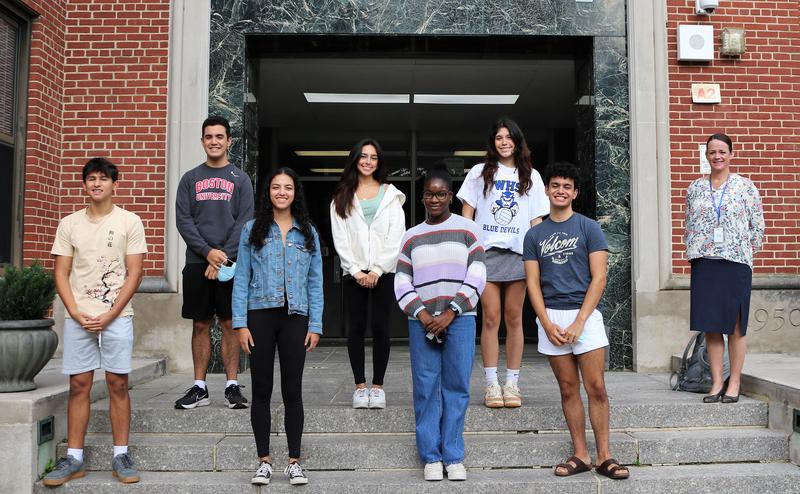 WHS Principal Mary Asfendis (right) congratulates College Board Recognition Program Scholars. From left: Mateo Belran, John González, Amira Lee, Victoria Vaca, Celia Frank, Taylor Addis, and Manuel González.