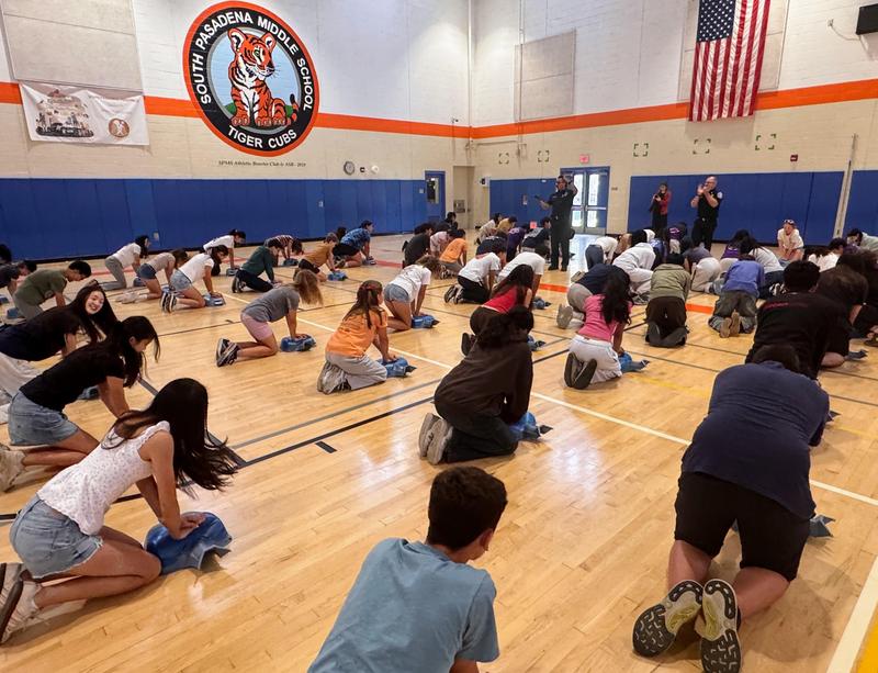 SPMS eighth-grade students participate in Sidewalk CPR led by the South Pasadena Fire Department. (Photo Courtesy of South Pasadena Unified School District)