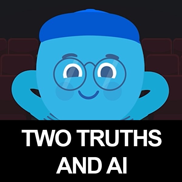 Two Truths and AI image of blue character with glasses