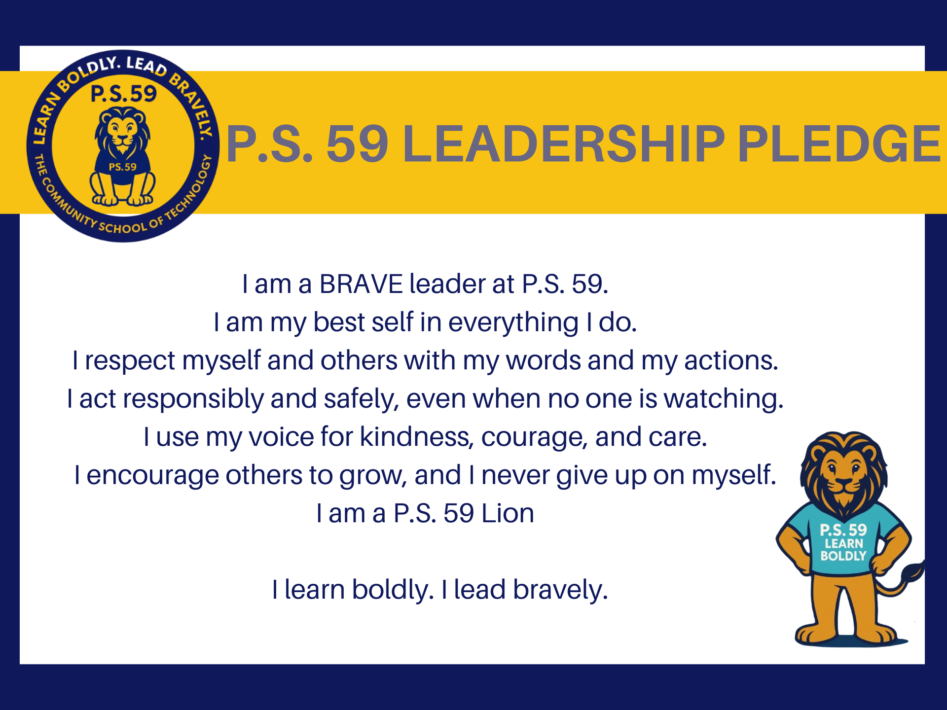 P.S. 59 Leadership Pledge text on yellow and blue background.