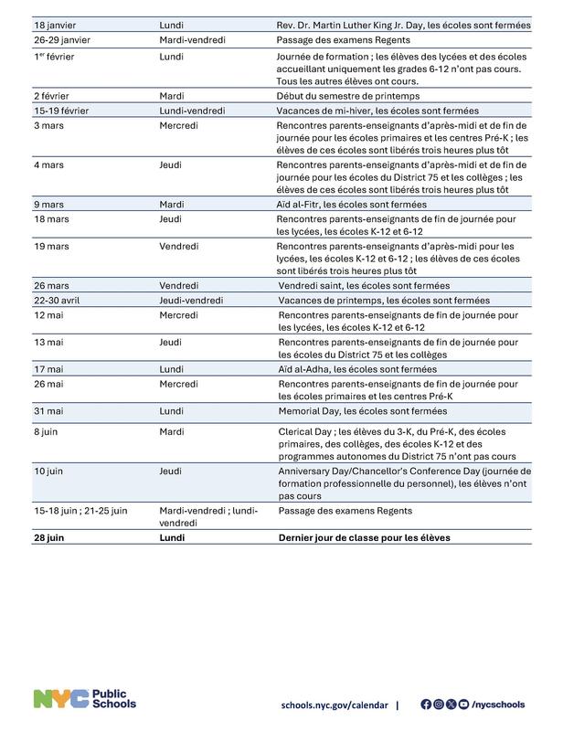 NYCPS Calendar Page 2 (French)
