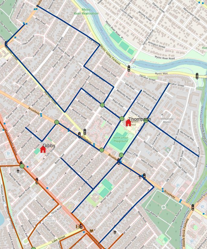 Map of Thompson Walking Route in blue. Includes North Union St, Warren St, Broadway, Cornell St, University Rd, Everett St, Exeter St, and Fremont St.    