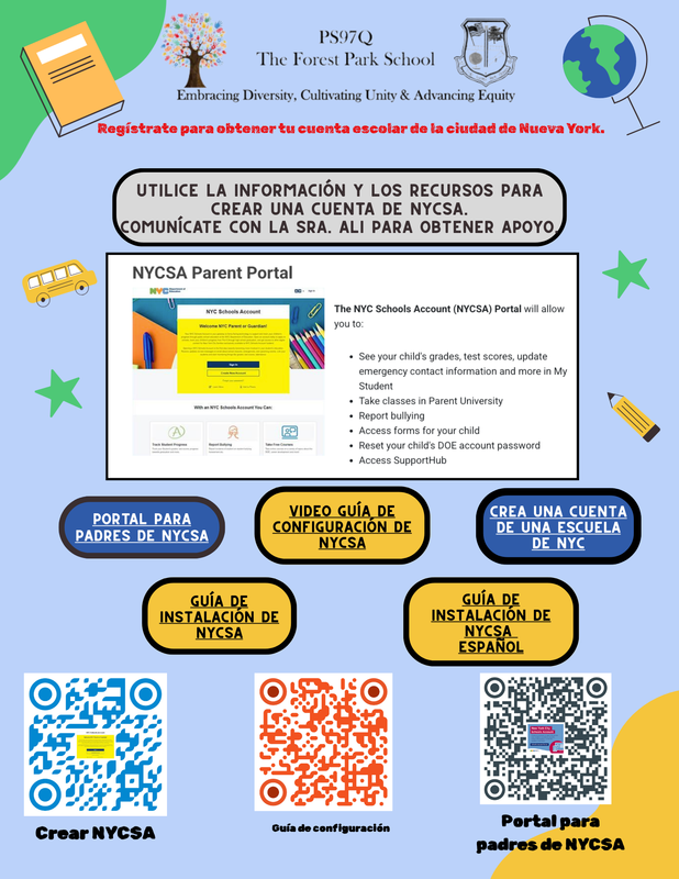 Informative poster about creating a NYCSA account with resources and contact information in Spanish