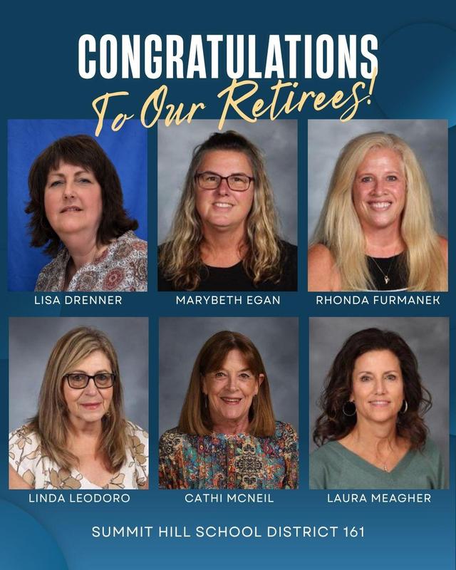 Graphic that says Congratulations to Our Retirees with headshots of Lisa Drenner, Marybeth Egan, Rhonda Furmanek, Linda Leodoro, Cathi McNeil, and Laura Meagher.