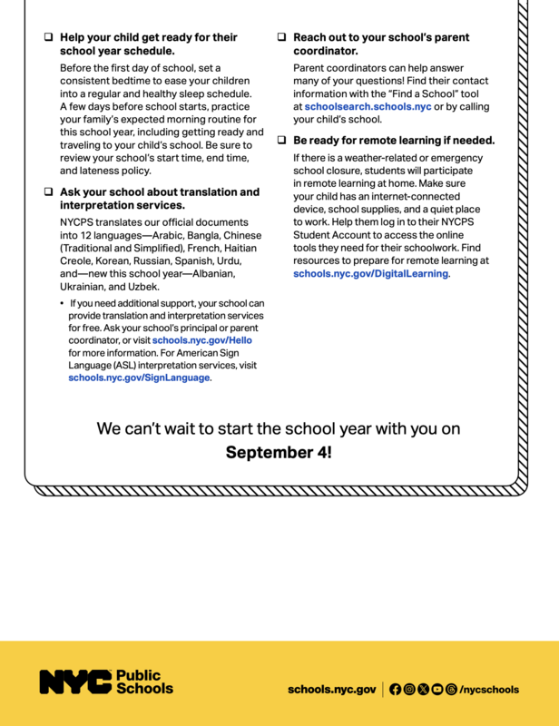Back to school checklist with information in Spanish