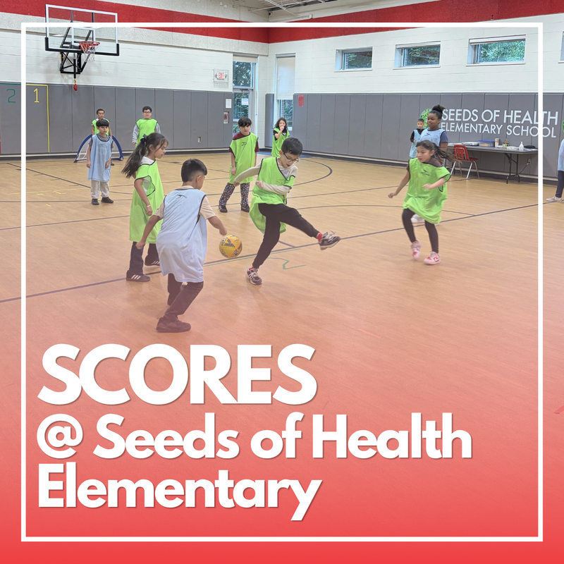 Text reading SCORES at SOHE with an image of students playing soccer in gym.