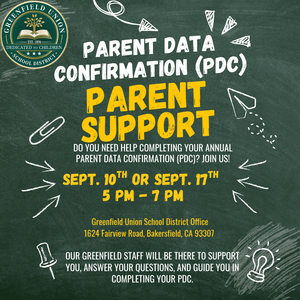 Green flyer encouraging families to fill out the PDC paperwork for their student