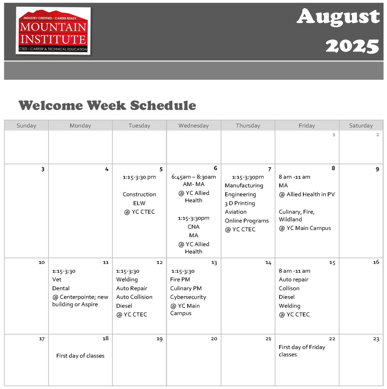 Welcome Week Calendar