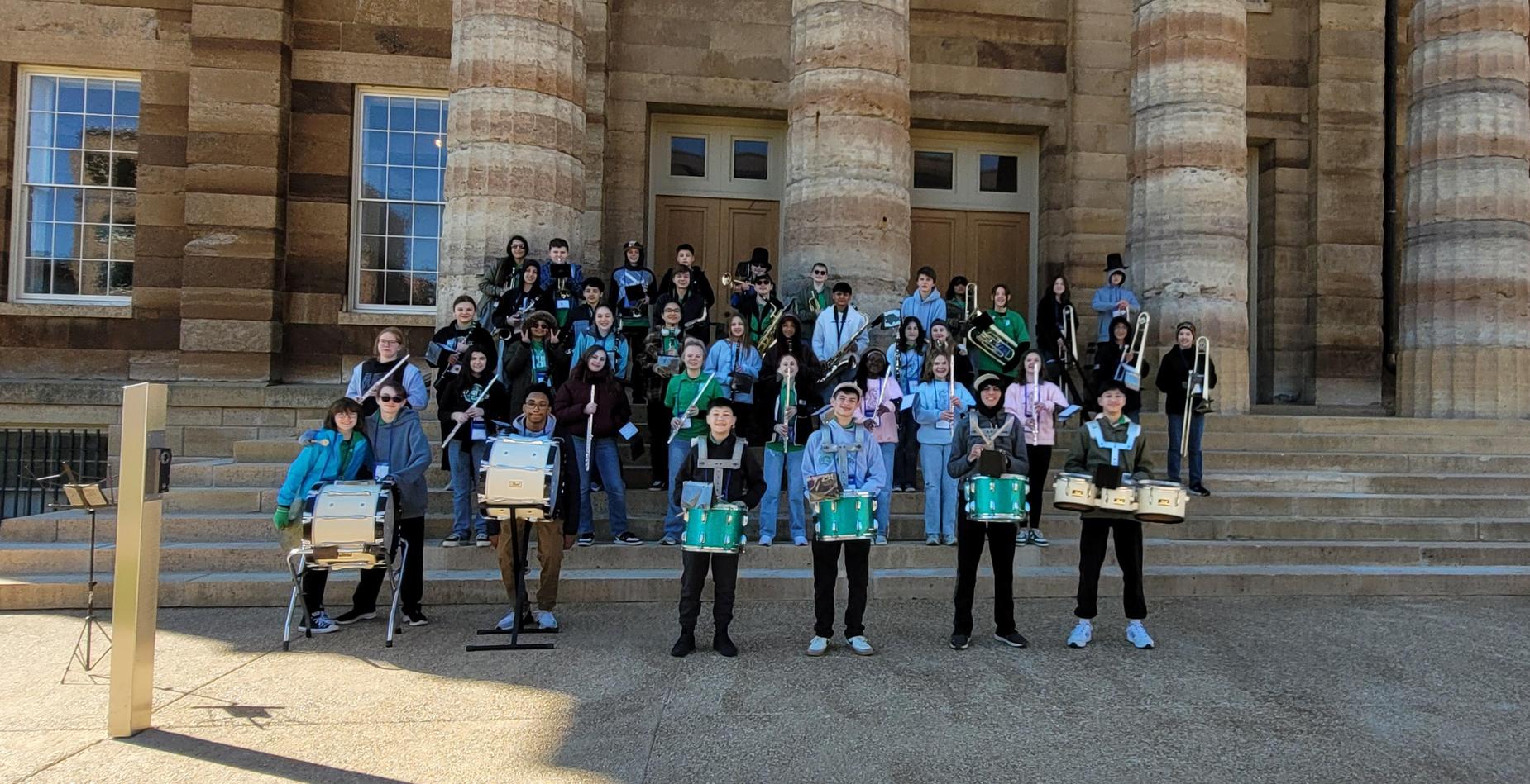 SHJH Band performing on steps of Old State Capitol