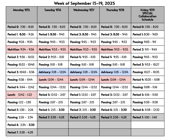 THIS WEEK'S BELL SCHEDULE - SEPT. 19-23 Featured Photo