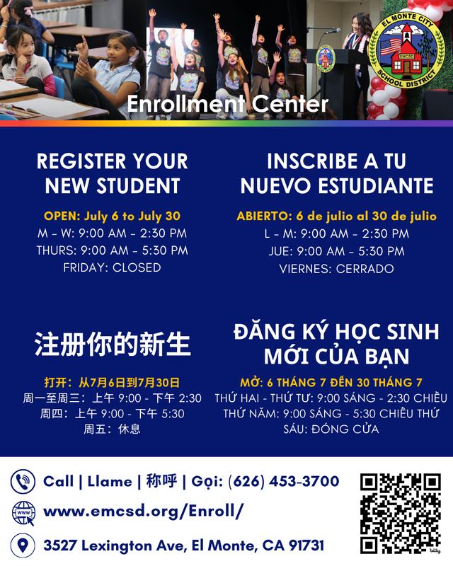 Graphic in multiple languages advertising our Summer Enrollment Center