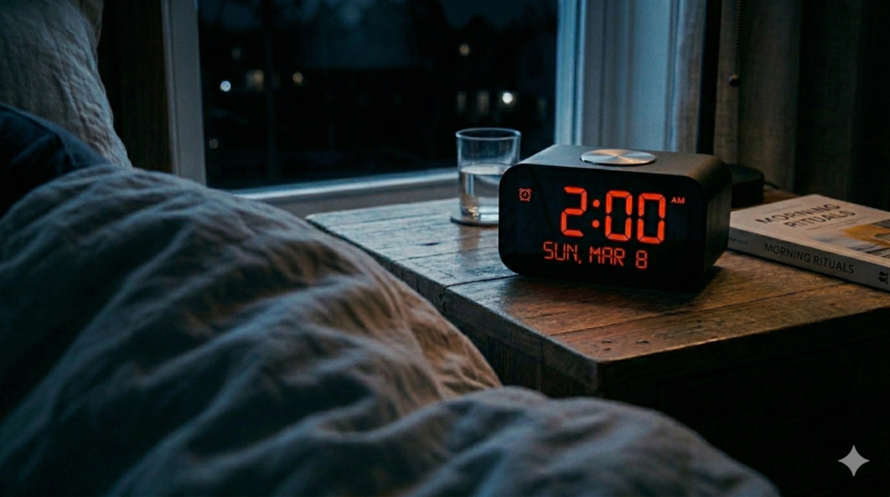 A digital alarm clock showing 2:00 a.m. on a nightstand with a glass of water, book, and window with a night view.