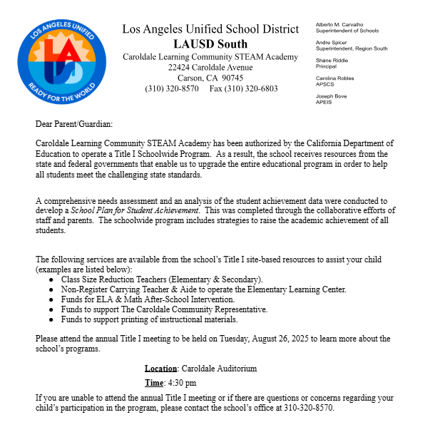 ANNUAL TITLE I LETTER IMAGE