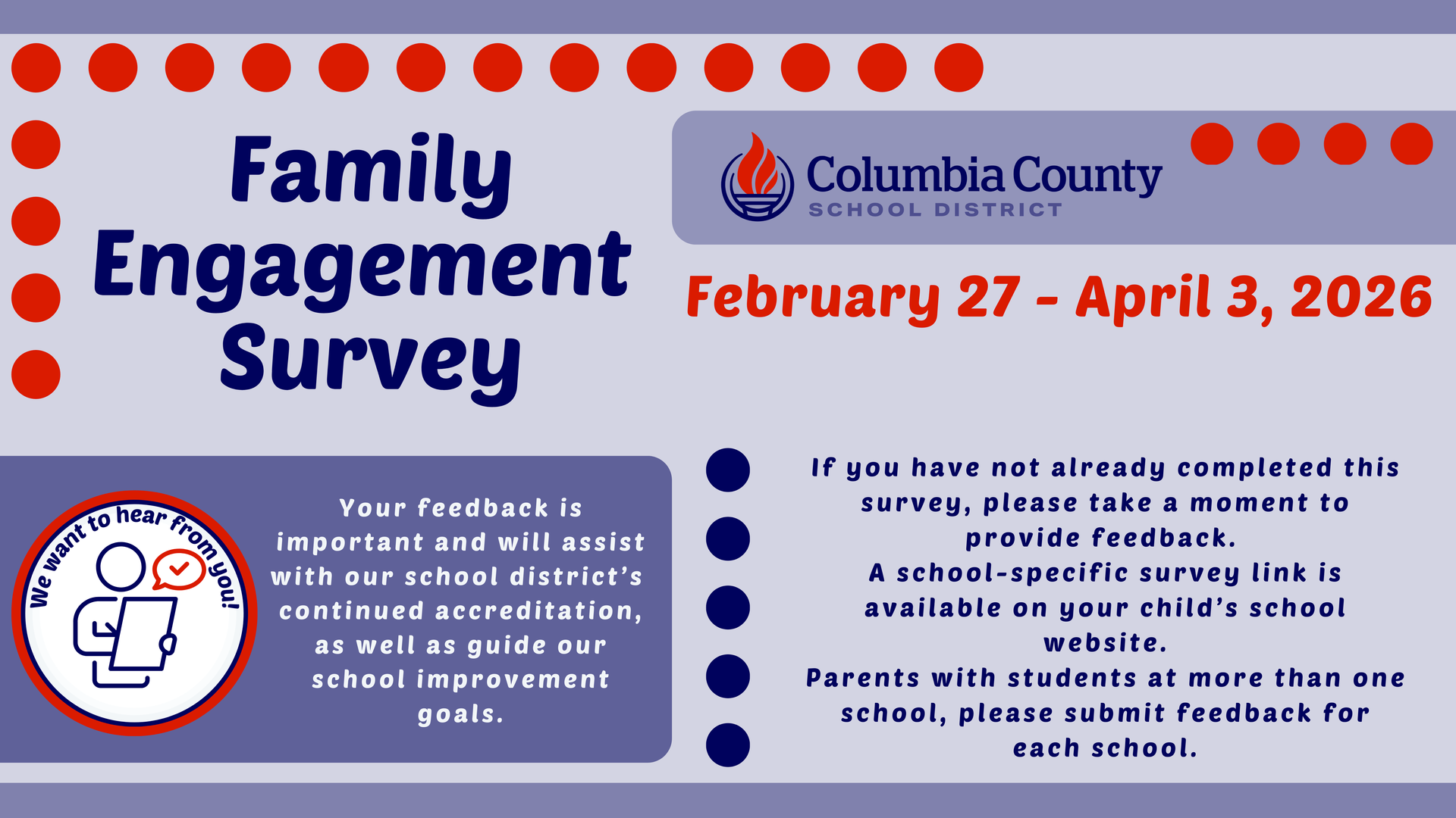 Family Engagement Survey announcement with dates and feedback instructions.