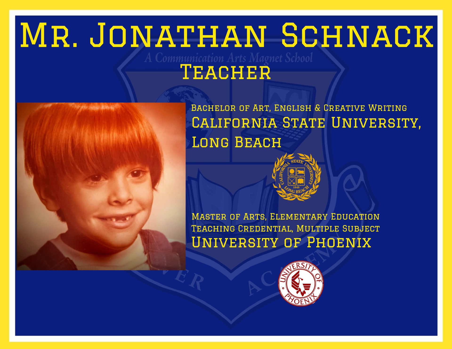 Teacher Mr. Jonathan Schnack Scholar Wall