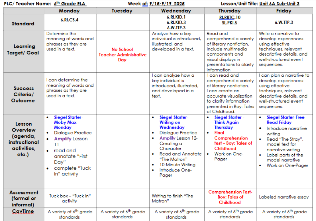ELA Lesson Plans Sept 15 - 19