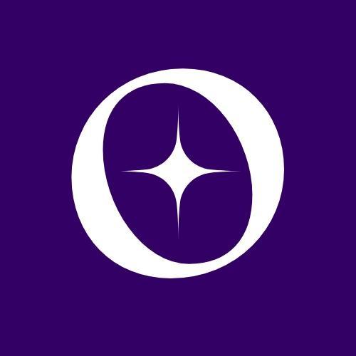 purple square with white O with 4 point star in center of O