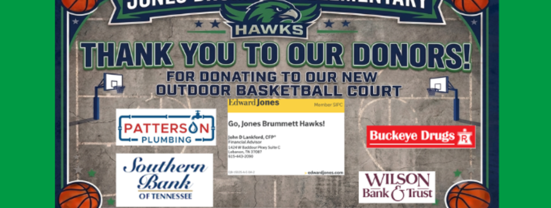 Banner thanking donors for a new outdoor basketball court with logos and basketball visuals.