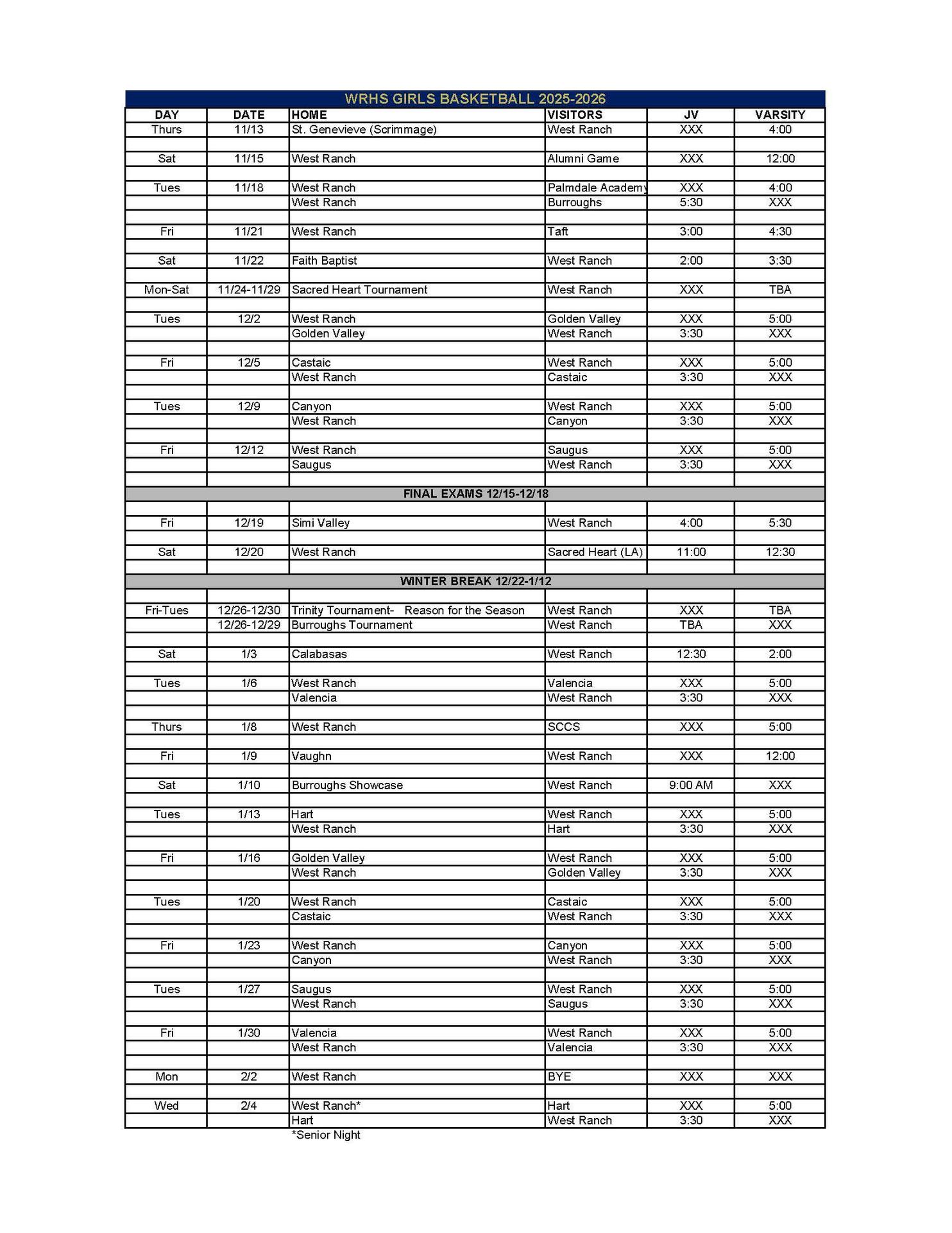 Girls Basketball Schedule
